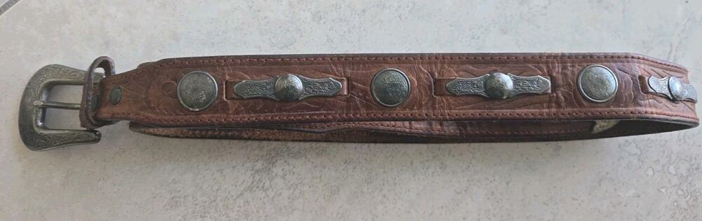 Leegin Western Tooled Leather Men’s Belt 34 Brown Silver Buckle